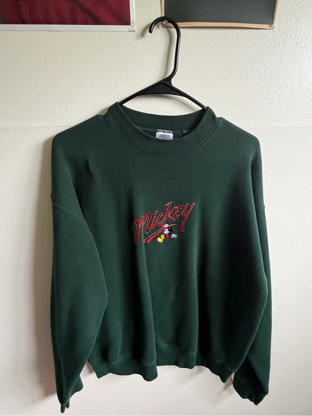 DISNEY VINTAGE Mickey Embroidered Dark Green Crewneck Sweater